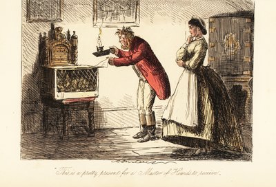 Engelsk jæger i jagtlyserøde og støvler, der undersøger en ræv i et bur ved levende lys af John (after) Leech