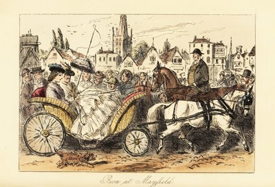 Engelsk dame i krinolinkjole med parasol kører en ponytrukket kurvevogn gennem de travle gader i en lille by af John (after) Leech