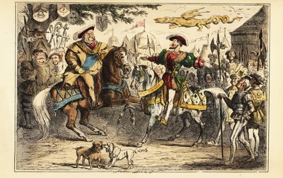 Henrik VIII af England møder Frans I af Frankrig til hest på Guldklædets felt, 7. juni 1520 af John (after) Leech