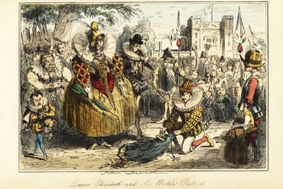 Sir Walter Raleigh lægger sin kappe over en vandpyt for dronning Elizabeth I i Greenwich af John (after) Leech