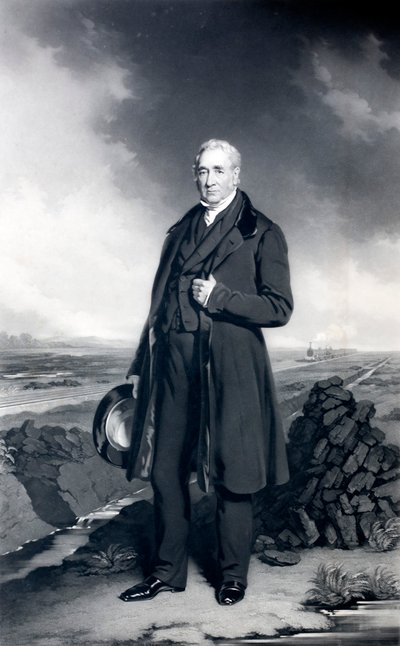 George Stephenson, engelsk ingeniør og jernbanepioner (litho) af John (after) Lucas