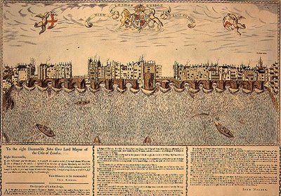 Udsigten over London Bridge fra øst til vest, genoptryk af en gravering fra 1624 af John (after) Norden