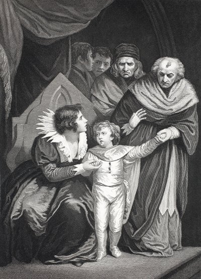 Elizabeth Woodville overgiver sin søn (litho) af John (after) Opie