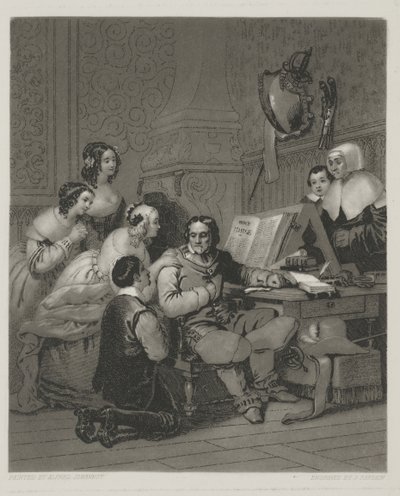 The Family of Cromwell interceding for The Life of Charles I, tryk lavet af Alfred Johannot (mezzotint) af John (after) Sartain