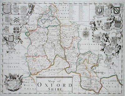 Kort over Oxfordshire, graveret og håndkoloreret af John Oliver og Richard Palmer, udgivet af Philip Lea, ca. 1690 (farvegravering) af John (after) Sellar