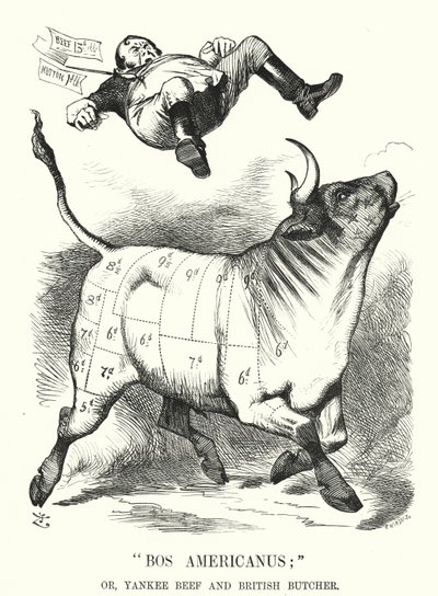 Punch tegnefilm: Bos Americanus; eller Yankee Beef og British Butcher - forventede fordele for forbrugerne ved at importere amerikansk kød (gravering) af John (after) Tenniel