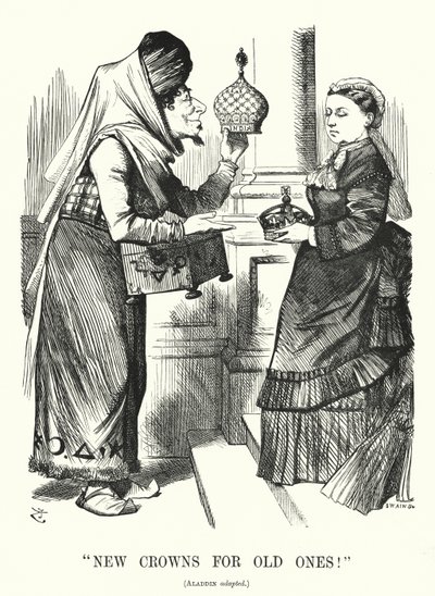 Punch tegnefilm: Nye kroner til gamle. Benjamin Disraeli (som Aladdin) med dronning Victoria - Royal Titles Act 1876, der anerkender dronningen som kejserinde af Indien (gravering) af John (after) Tenniel
