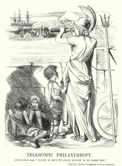 Punch tegneserie: Telescopic Philanthropy - den victorianske middelklasses optagethed af hjælp til de fattige i udlandet, ret solbrun derhjemme (gravering) af John (after) Tenniel