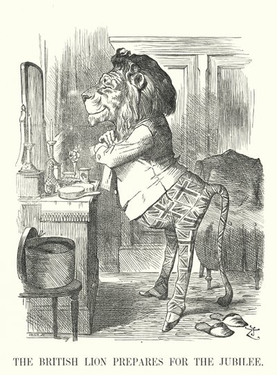 Punch tegnefilm: Den britiske løve forbereder sig til jubilæet - Dronning Victorias gyldne jubilæum af John (after) Tenniel