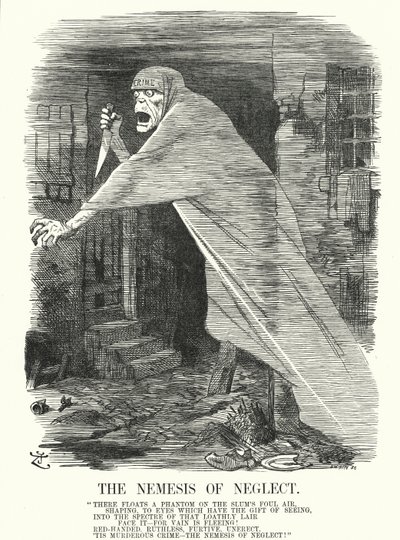 Punch tegneserie: The Nemesis of Neglect - fattigdom og kriminalitet i London på tidspunktet for Jack the Ripper-mordene (gravering) af John (after) Tenniel