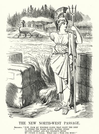 Punch tegneserie: The New North-West Passage - Canadian Pacific Railway (gravering) af John (after) Tenniel