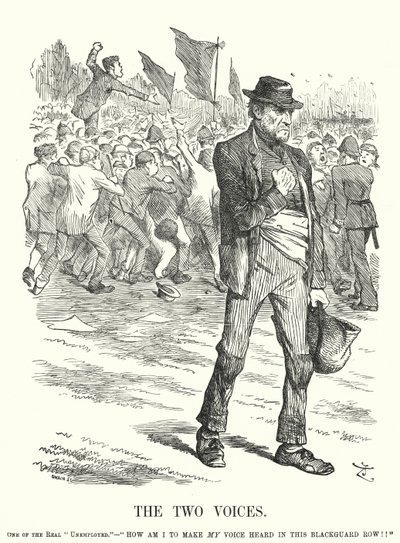 Punch tegnefilm: The Two Voices - arbejdsløshed og social uro i det victorianske Storbritannien (gravering) af John (after) Tenniel