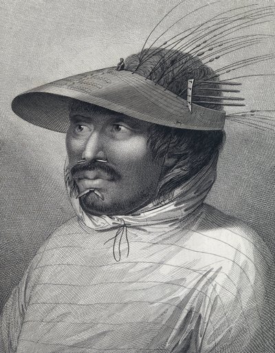 Portræt af en mand fra Oonalashka (eller Unalaska, Alaska, USA). Stik fra slutningen af det 18. århundrede af William Sharp () efter John Webber (1751-1793). af John (after) Webber