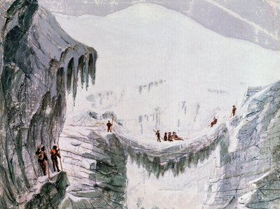 Klatring af Mont Blanc, klatrere suspenderet fra sprække, akvarel, Frankrig af Walter Charles Mills