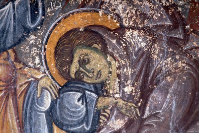 Helgenfigur, af Ioannis Pagomenos, detalje af fresko i den byzantinske kirke St George, Anidri, Kreta, Grækenland (foto) af Walter Charles Mills