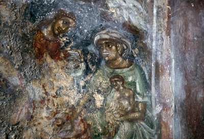 Fresco of Holy Family, Byzantine Church of Ayios Stephanos, Drakona, Kreta, Grækenland (foto) af Walter Charles Mills