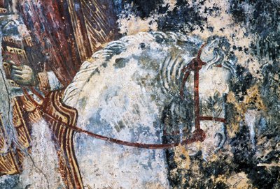 Hest, beskadiget freskomaleri på loftet i kirken Agios Vasileios, Vavouledo, Kreta, Grækenland (foto) af Walter Charles Mills