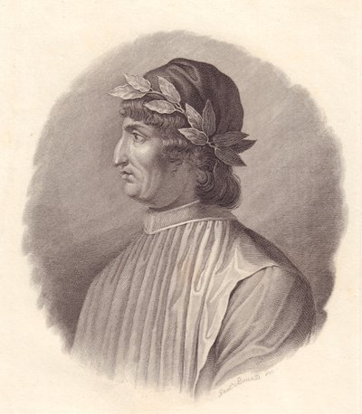 Portræt af den italienske digter og humanist Angelo Ambrogini også kendt som Poliziano (1454-1494), kobberstik af G Bonatti af Walter Charles Mills