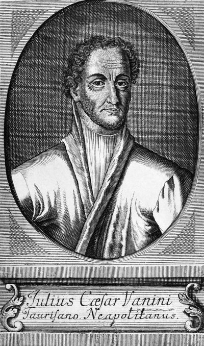 Portræt af Lucilio Vanini, kendt som Giulio Cesare Vanini (1585-1619), italiensk filosof, læge og fritænker, som var en af de første betydningsfulde repræsentanter for intellektuel libertinisme, gravering af Walter Charles Mills