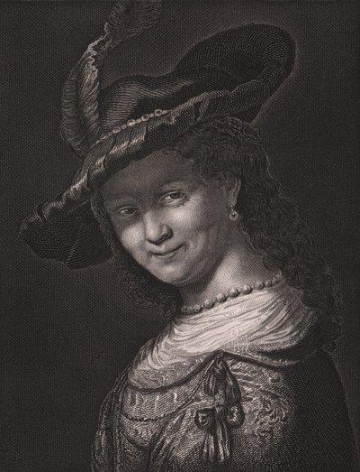 Portræt af Saskia van Uylenburgh (1612-1642), Rembrandts hustru, gravering af L Raab fra maleri af Rembrandt, fra Paynes Royal Dresden Gallery, af Albert Henry Payne, H Payne Dresden og Leipzig Publisher, ca. 1840 af Walter Charles Mills