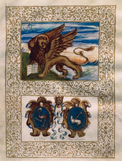 Den bevingede løve i Venedig og Leffe og Gandino våbenskjoldene, miniature fra Privilegio della Serenissima alla Val Gandino, 18. juni af Walter Charles Mills