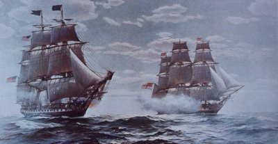 USS Constitution og HMS Java (farve litho) af Walter Charles Mills