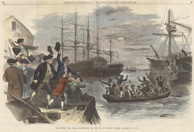 The Boston Tea Party? Destruktion af teen i Boston Harbor, 16. december 1773, fra Ballous Pictorial Drawing-Room Companion pub. 1865 (farvegravering) af John Andrew