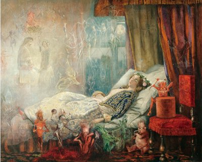 ""Le reve apres le bal masque"" (Drømmen efter maskebal) Peinture de John Anster Fitzgerald (1832-1906), - Olie på lærred, 35,5x44,5 - Privat samling af John Anster Fitzgerald