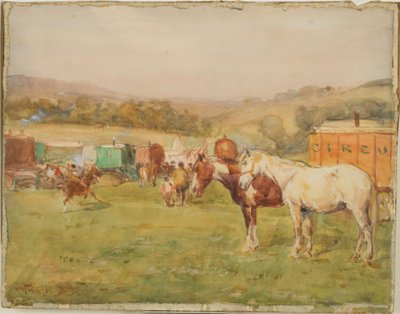To heste og en cirkusvogn af John Atkinson