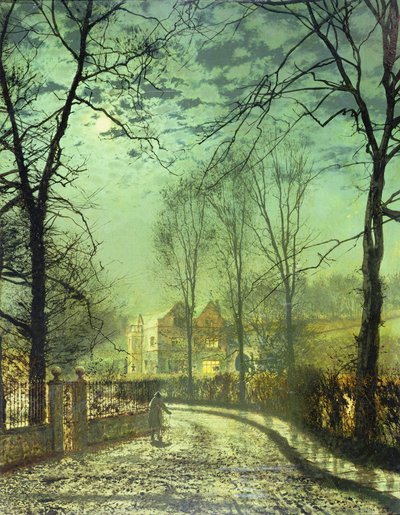 En månebelyst vej, 1800-tallet af John Atkinson Grimshaw