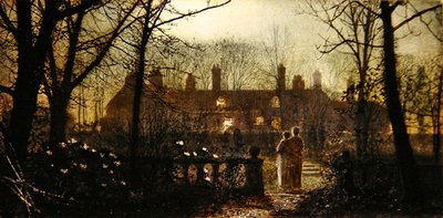 Månebelyst scene med to figurer (olie på panel) af John Atkinson Grimshaw