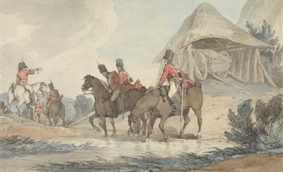 Kavalerister, der går gennem en strøm, bliver mønstret af en trompetist af John Augustus Atkinson