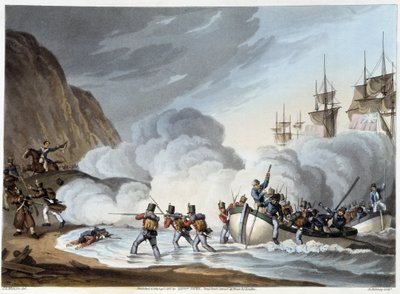 Landgang af tropper, tidligt 19. århundrede i "" historiske, militære og flådeanekdoter..." af Edward Orne af John Augustus Atkinson