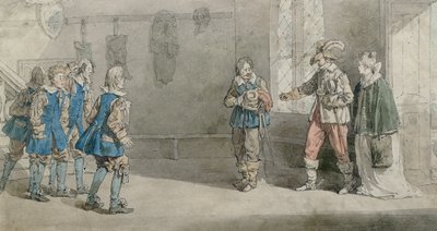 Petruchio, Katarina og tjenere i en scene fra "Spidsmusens tæmmelse", ca.1815 (pen og wc på papir) af John Augustus Atkinson