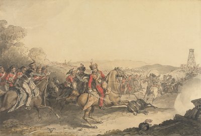 Markisen af Anglesey blev såret, mens han førte et angreb af tungt kavaleri ved afslutningen af slaget ved Waterloo af John Augustus Atkinson