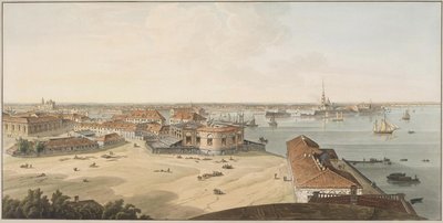 Udsigt til spyden på Vasilyevsky Island og Peter og Paul-fæstningen, mellem 1802 og 1805 af John Augustus Atkinson