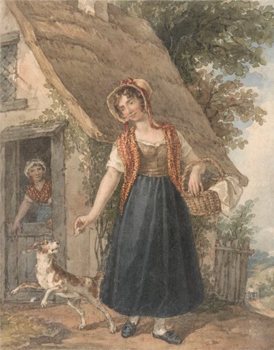 Ung kvinde med hund uden for en hyttedør af John Augustus Atkinson