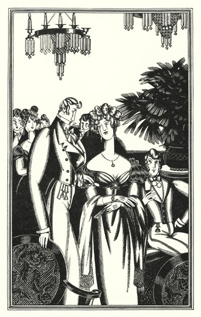 Illustration til Don Juan af Lord Byron: Juan blev modtaget i det bedste samfund (litho) af John Austen