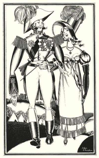 Illustration til Don Juan af Lord Byron: Medaljer, rang, bånd, blonder, broderi, skarlagen (litho) af John Austen