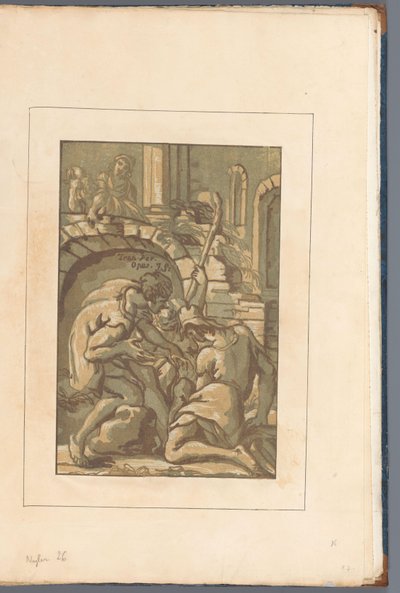 Tre figurer nær en bue Amicis suis necnon unicuique (...) (serietitel på objekt) af John B. Skippe