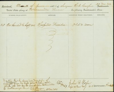 Moderne kopi af kvittering for Quartermasters butikker, original signeret John B. Tope, kaptajn, 12. Tennessee Cavalry, 11. juni 1864 af John B. Tope