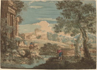 Heroisk landskab med fisker, køer og ryttere af John Baptist Jackson after Marco Ricci