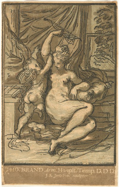 Venus og Amor med en bue af John Baptist Jackson, after Parmigianino