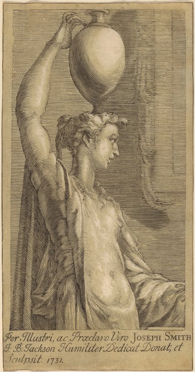 Kvinde stående med en krukke på hovedet af John Baptist Jackson, after Parmigianino