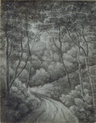 Landskab med en sti gennem en skov og et klassisk tempel (blød grafit og hvidt kridt på blåt papir) af John Baptist Malchair
