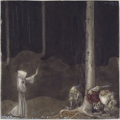 Frere Martin et les trois trolde - Broder Martin og tre trolde, af Bauer, John (1882-1918). Akvarel på papir af John Bauer