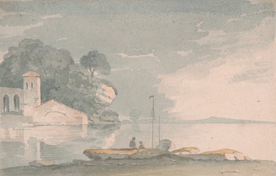 Båd og figurer på bredden af en sø af John Baverstock Knight