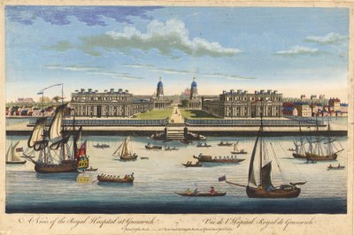 Udsigt over det kongelige hospital i Greenwich, ca. 1770 (farvelagt radering) af John Bowles