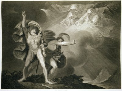 Macbeth, Banquo og de tre hekse på heden i 1. akt, scene III af Macbeth af William Shakespeare (1564-1616) udgivet 1805 af John Boydell