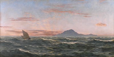 Solnedgang ud for Lundy Island (olie på lærred) af John Brett